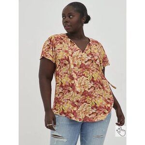 Torrid Womens Peasant Blouse Sz 3X Orange Floral Boho Tie Neck Popover Top Shirt